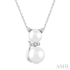6&7 MM Cultured Pearl and 1/20 Ctw Round Cut Diamond Cat Shape Petite Fashion Pendant With Chain in 10K White Gold