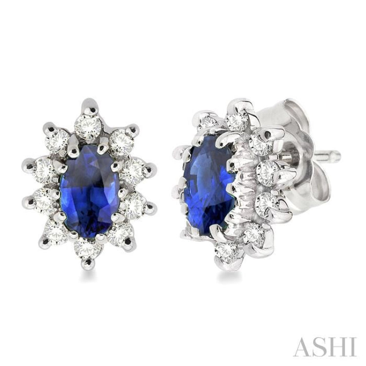 5x3MM Oval Cut Sapphire and 1/4 ctw Round Cut Diamond Earrings in 14K White Gold