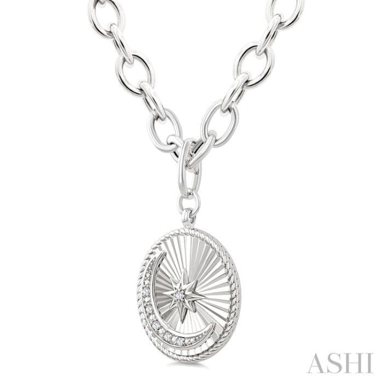 1/20 Ctw Circle Fluted Medallion Round Cut Diamond Pirouette Moon & Star Fashion Pendant With Chain in Sterling Silver