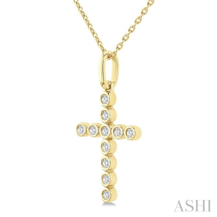 1/10 Ctw Round Cut Diamond Bezel Set Cross Petite Pendant With Chain in 10K Yellow Gold