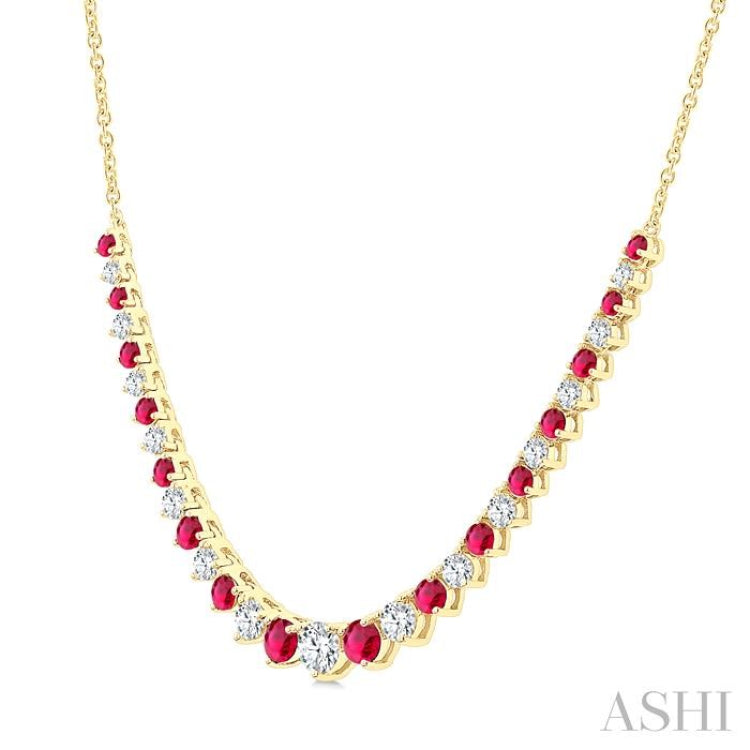 1.7 MM - 3 MM Round Shape Ruby and 3/4 Ctw Round Cut Diamond Precious Riviera Necklace in 14K Yellow Gold