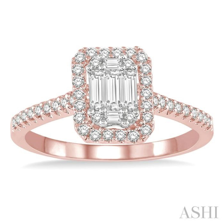 5/8 ctw Emerald Shape Baguette and Round Cut Diamond Ring in 14K Rose and White Gold
