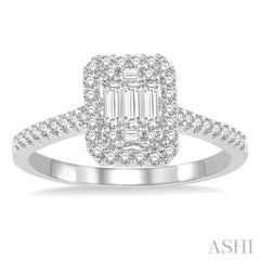 7/8 ctw Emerald Shape Baguette and Round Cut Diamond Ring in 14K White Gold