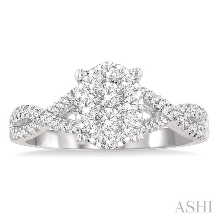 5/8 ctw Oval Shape Center Split Criss-Cross Shank Lovebright Round Cut Diamond Engagement Ring in 14K White Gold