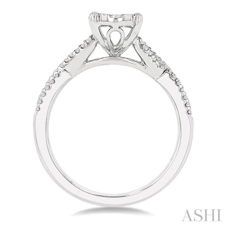 5/8 ctw Oval Shape Center Split Criss-Cross Shank Lovebright Round Cut Diamond Engagement Ring in 14K White Gold
