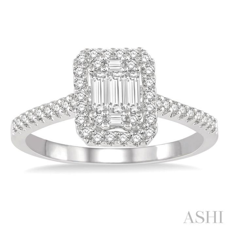 5/8 ctw Emerald Shape Baguette and Round Cut Diamond Ring in 14K White Gold