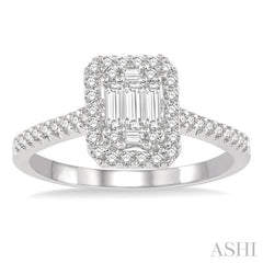 5/8 ctw Emerald Shape Baguette and Round Cut Diamond Ring in 14K White Gold