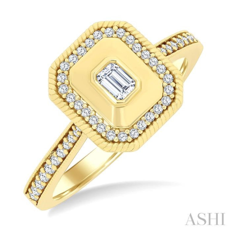 1/3 Ctw Octagonal Shaped Art Deco Emerald and Round Cut Diamond Fashion Ring in 14K Yellow Gold
