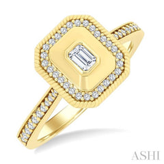 1/3 Ctw Octagonal Shaped Art Deco Emerald and Round Cut Diamond Fashion Ring in 14K Yellow Gold