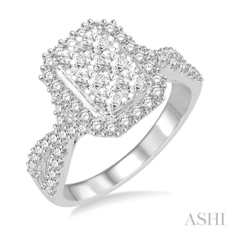 7/8 ctw Round Cut Diamond Octagon Shape Lovebright Ring in 14K White Gold