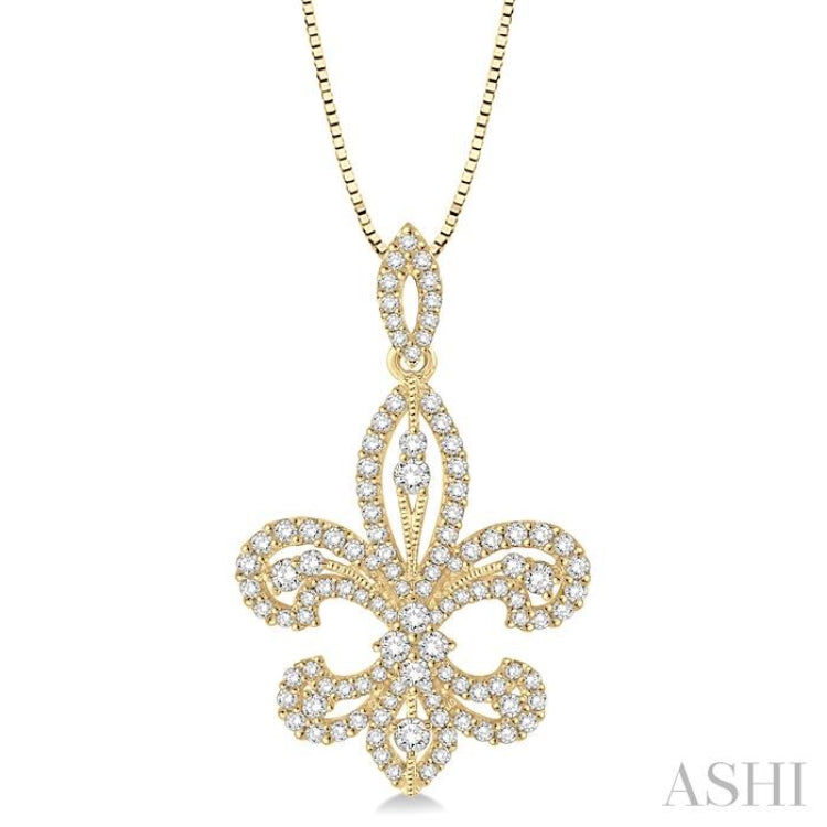 1.00 Ctw Round Cut Diamond Fleur De Lis Diamond Pendant in 14K Yellow Gold with Chain
