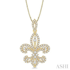 1.00 Ctw Round Cut Diamond Fleur De Lis Diamond Pendant in 14K Yellow Gold with Chain