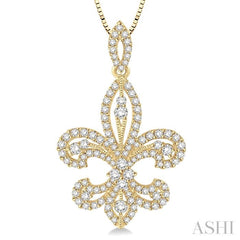 1.00 Ctw Round Cut Diamond Fleur De Lis Diamond Pendant in 14K Yellow Gold with Chain