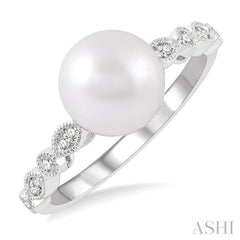 8 MM Cultured Pearl and 1/10 ctw Round Cut Diamond Ring in 14K White Gold