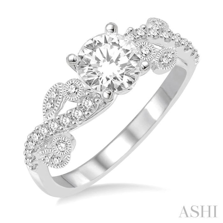3/4 ctw Criss Cross Shank Round Cut Diamond Engagement Ring with 1/2 Ct Round Cut Center Stone in 14K White Gold