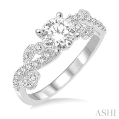 3/4 ctw Criss Cross Shank Round Cut Diamond Engagement Ring with 1/2 Ct Round Cut Center Stone in 14K White Gold