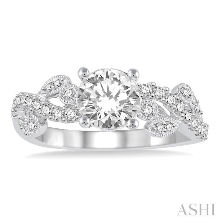 3/4 ctw Criss Cross Shank Round Cut Diamond Engagement Ring with 1/2 Ct Round Cut Center Stone in 14K White Gold