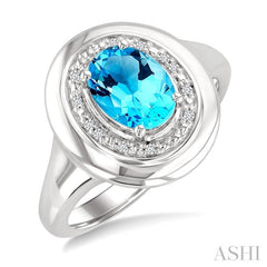 8x6 MM Oval Shape Blue Topaz and 1/20 Ctw Single Cut Diamond Semi-precious Ring in Sterling Silver