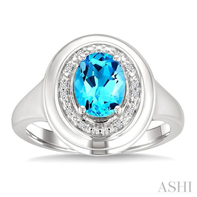 8x6 MM Oval Shape Blue Topaz and 1/20 Ctw Round Cut Diamond Semi-precious Ring in Sterling Silver
