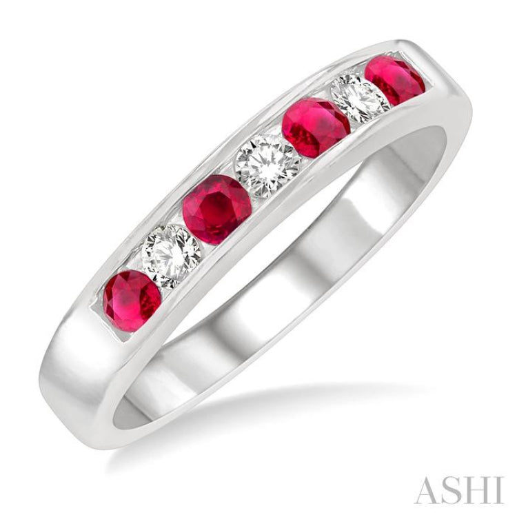 2.5 MM Round Cut Ruby and 1/5 Ctw Channel Set Round Cut Diamond Band in 14K White Gold