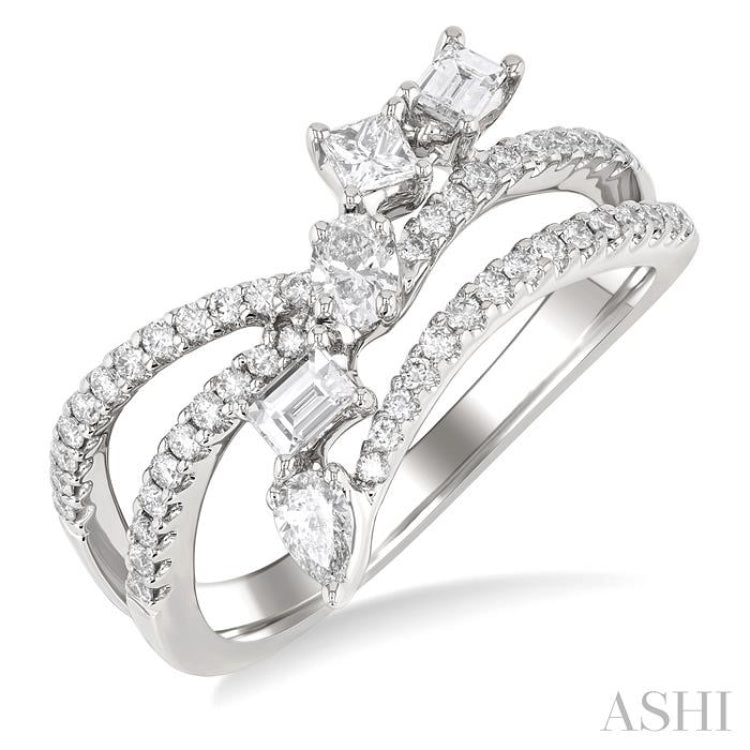 3/4 Ctw Split Shank Mixed Diamond Cut Fashion Ring in 14K White Gold