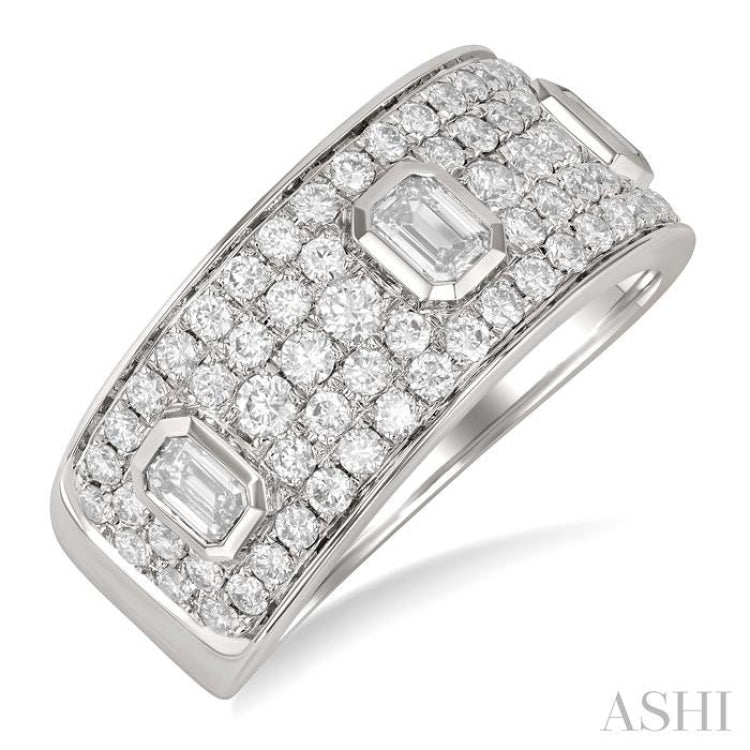 1 1/2 Ctw 3-Stone Emerald and Round Cut Diamond Fashion Wide Band in 14K White Gold