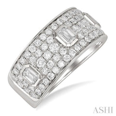1 1/2 Ctw 3-Stone Emerald and Round Cut Diamond Fashion Wide Band in 14K White Gold