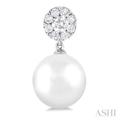 7 MM Cultured White Pearl and 1/4 Ctw Disc Top Lovebright Round Cut Diamond Fashion Earrings in 10K White Gold