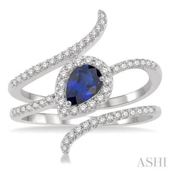 6x4 MM Pear Shape Sapphire and 1/3 ctw Round Cut Diamond Precious Ring in 14K White Gold