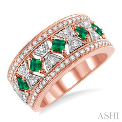 2.4 & 2.5 MM princess Cut Emerald and 1/2 ctw Round Cut Diamond Precious Ring in 14K Rose and White Gold