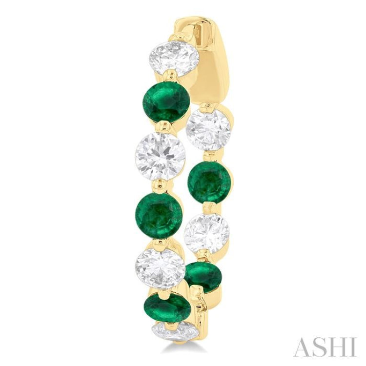 3.3 MM Round Cut Emerald and 1 5/8 ctw Round Cut Diamond Precious Inside-Out Alternating Hoop Earrings in 14K Yellow Gold