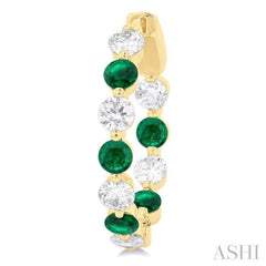 3.3 MM Round Cut Emerald and 1 5/8 ctw Round Cut Diamond Precious Inside-Out Alternating Hoop Earrings in 14K Yellow Gold
