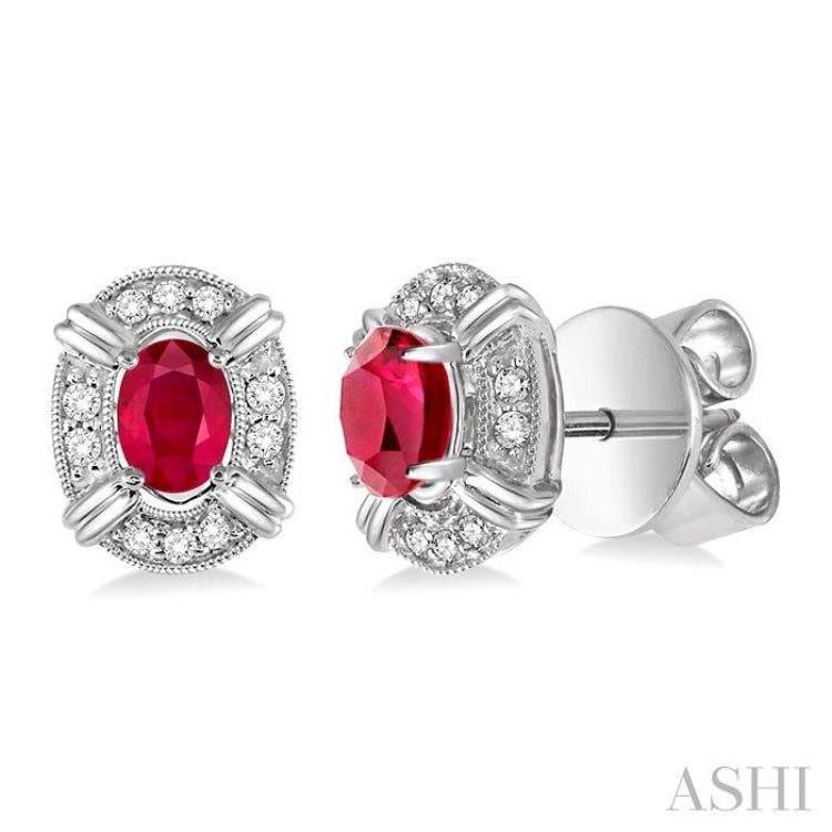 5x3 MM Oval Cut Ruby and 1/10 ctw Single Cut Diamond Earrings in 14K White Gold