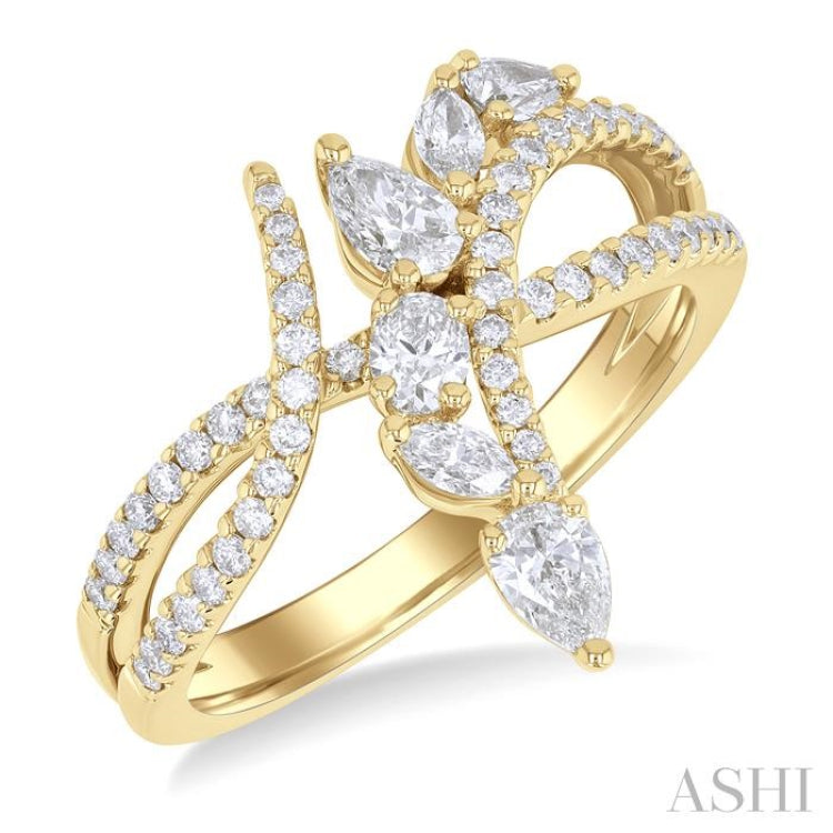 7/8 Ctw Split Bypass Shank Mixed Diamond Cut Fashion Ring in 14K Yellow Gold