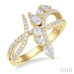 7/8 Ctw Split Bypass Shank Mixed Diamond Cut Fashion Ring in 14K Yellow Gold