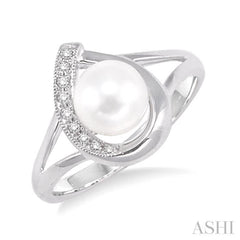 6.5 MM Round Shape Cultured Pearl and 1/20 ctw Round Cut Diamond Ring in 14K White Gold