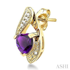 6x6 MM Heart Shape Amethyst and 1/20 ctw Single Cut Diamond Semi-Precious Earrings in 14K Yellow Gold