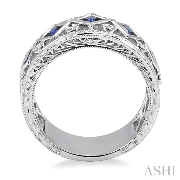 3x3 MM Princess Cut Sapphire and 1/4 ctw Round Cut Diamond Precious Fashion Ring in 14K White Gold