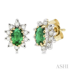 5x3MM Oval Cut Emerald and 1/4 ctw Round Cut Diamond Earrings in 14K Yellow Gold