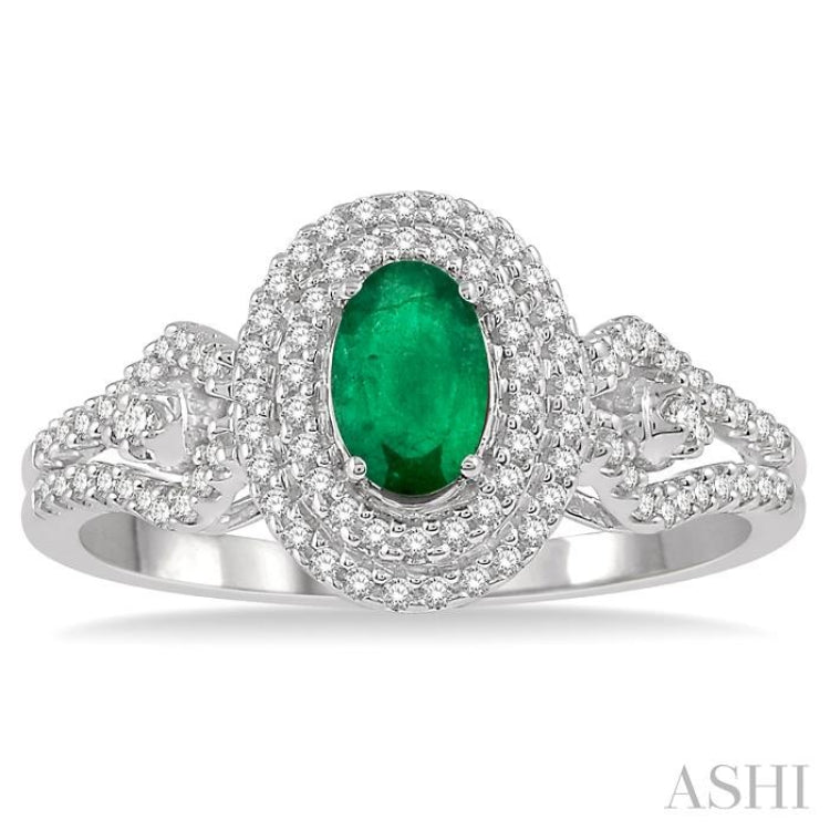 6x4 MM Oval Shape Emerald and 1/3 ctw Round Cut Diamond Precious Ring in 14K White Gold