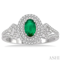 6x4 MM Oval Shape Emerald and 1/3 ctw Round Cut Diamond Precious Ring in 14K White Gold