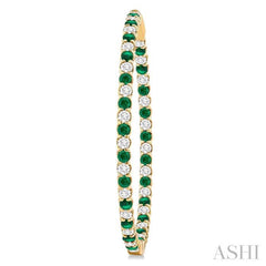2.3 MM Emerald and Alternating 2 1/2 ctw Round Cut Inside-Out Diamond Precious Hoop Earrings in 14K Yellow Gold