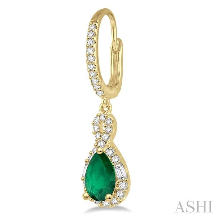 6x4 MM Pear Cut Emerald and 1/2 ctw Round Cut Diamond Precious Earrings in 14K Yellow Gold
