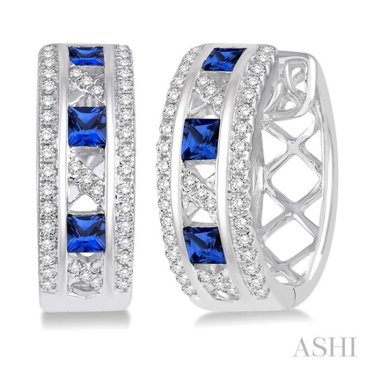 2.4x2.4 MM Princess Cut Sapphire and 1/3 ctw Round Cut Diamond Precious Earrings in 14K White Gold