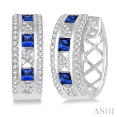 2.4x2.4 MM Princess Cut Sapphire and 1/3 ctw Round Cut Diamond Precious Earrings in 14K White Gold