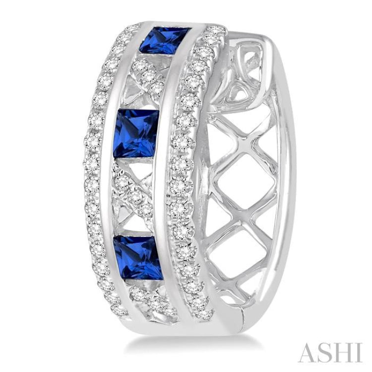 2.4x2.4 MM Princess Cut Sapphire and 1/3 ctw Round Cut Diamond Precious Earrings in 14K White Gold