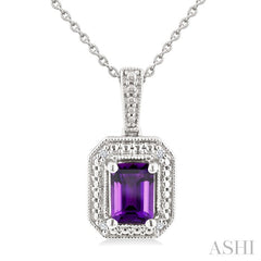 7X5 MM Octagon Shape Amethyst and 1/50 Ctw Round Cut Diamond Semi-precious Pendant With Chain in Sterling Silver