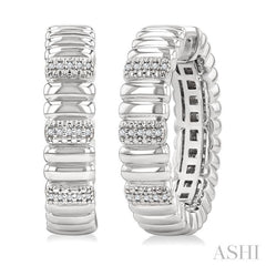 1/10 Ctw Wide Ribbed Plain Polished and Round Cut Diamond Pirouette Bold Fashion Hoop Earrings in Sterling Silver