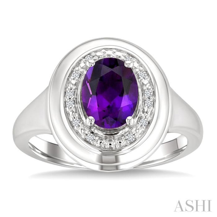 8x6 MM Oval Shape Amethyst and 1/20 Ctw Round Cut Diamond Semi-precious Ring in Sterling Silver