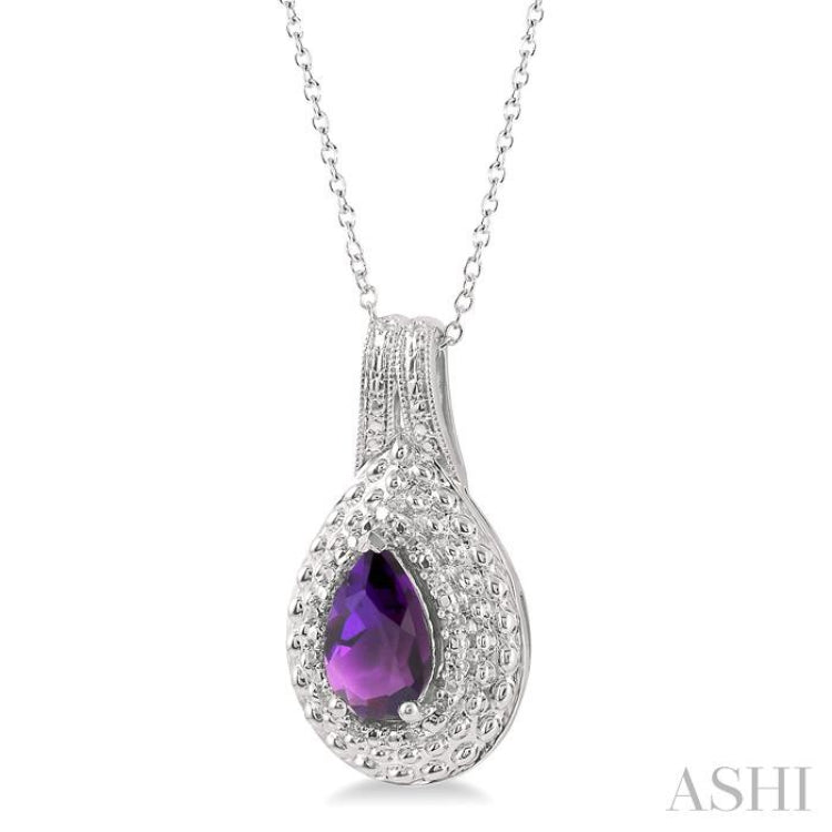 9X6 MM Pear Cut Amethyst and 1/20 Ctw Round Cut Diamond Semi-Precious Pendant With Chain in Sterling Silver